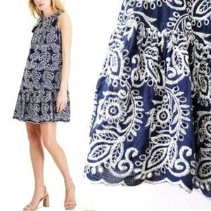 EUC Embroidered Floral & Paisley Pattern Shift Halter Dress w/Ruffled Hem